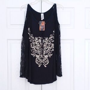 Liberty Wear Black Bohemian Lace Scroll Open Shoulder Top